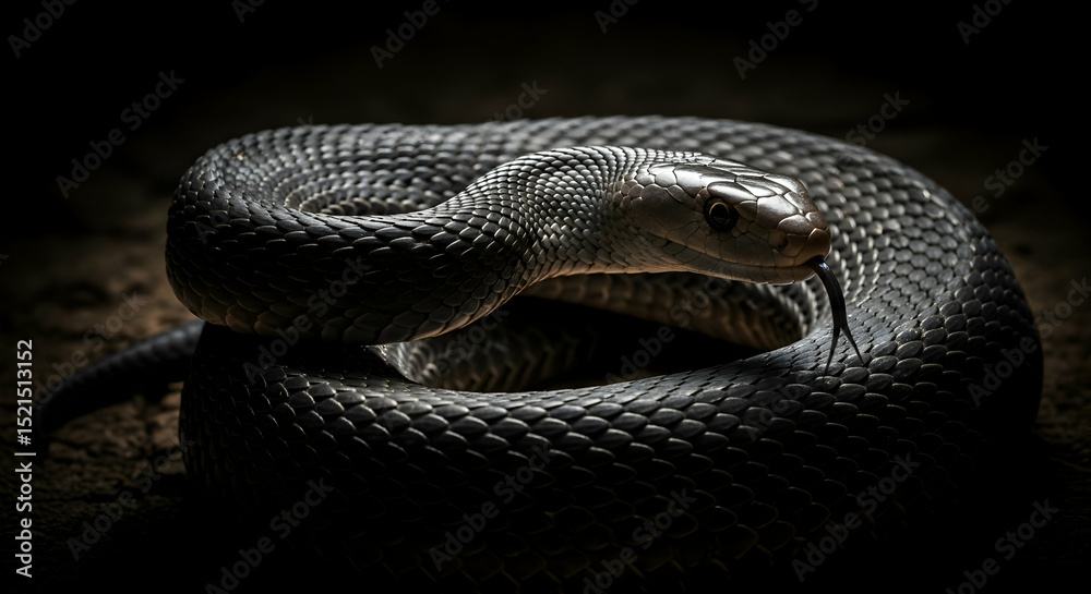 Fototapeta premium Black Mamba Snake Coiled In The Shadows Threatening Exotic Animal Dangerous