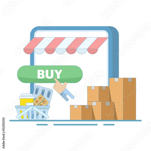 online medicine purchase concept. online medicine payment. online pharmacy store buy medical pills Order medicine via healthcare device. flat design illustration on background.