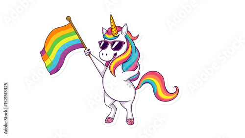 Cool Unicorn Holding Rainbow Pride Flag Cartoon Illustration