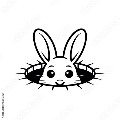 Cartoon Rabbit Peeking Out of a Hole with Spikes in Black and White for Vector Illustration