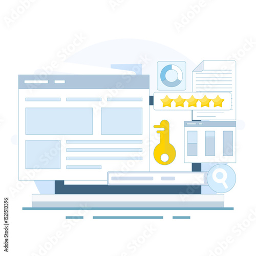 Keyword analysis concept, keyword research tools. Keyword competition analysis. Most searched keywords. SEO keywords dominate search engine results pages. Flat design in the background.