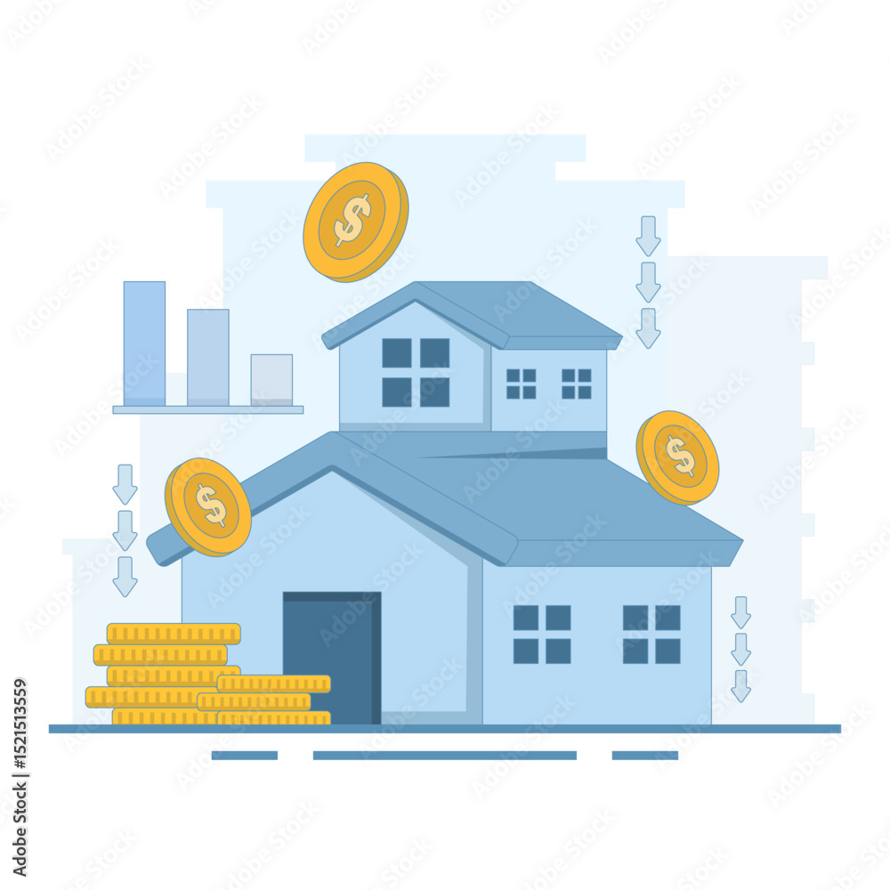Naklejka premium House price decline concept. Real estate and property price decline, property investment losses, housing price decline, home loan or mortgage risk. Flat design illustration in the background.