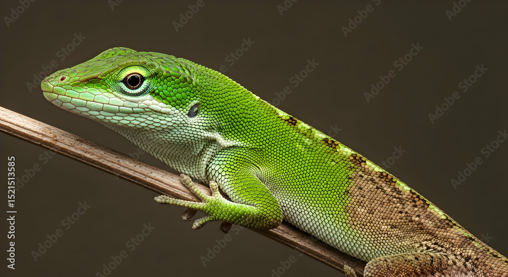 Green Anole Lizard Resting Beautifully On A Twig Close Up View Green Anole Lizard Resting Beautifully On A Twig Close Up View