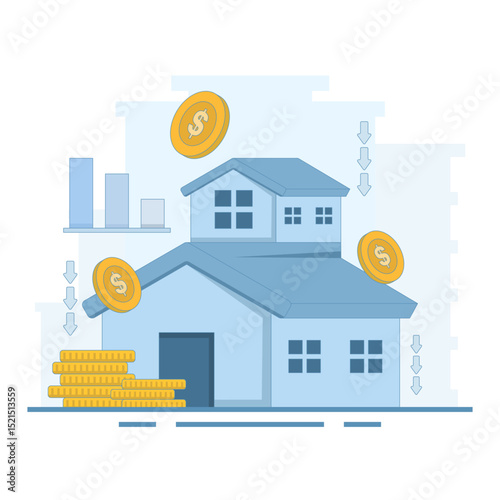 House price decline concept. Real estate and property price decline, property investment losses, housing price decline, home loan or mortgage risk. Flat design illustration in the background.