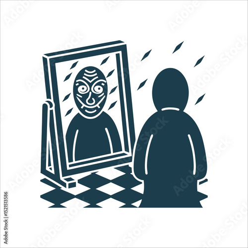 Curse Reversal Ukuphindisela Mirror reflecting a twisted face back at the viewer - Distorted Reflection: Mirror and Twisted Face