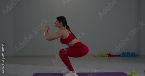 In a bright fitness studio a girl is engaged in a workout routine focusing on squats and leg lifts to enhance her strength and tone her muscles. The atmosphere is energetic and motivating.