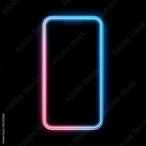 Neon glowing smartphone frame in blue and pink colors on black background, ideal for tech, app, and digital design projects