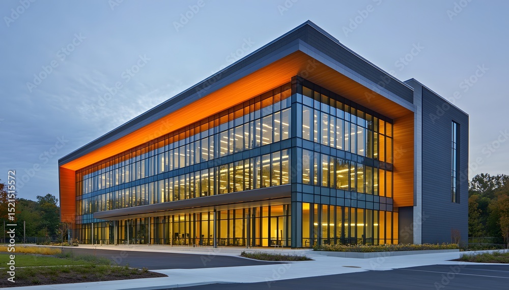 Obraz premium Modern office building facade at twilight.