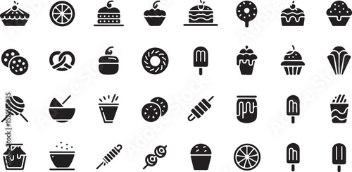 A collection of various food and dessert icons, including cakes, pastries, ice cream, and fruits