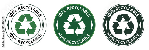 Set of Three 100 Percent Recyclable Icons with Different Styles and Colors Representing Sustainable Practices and Environmental Responsibility for Products and Packaging