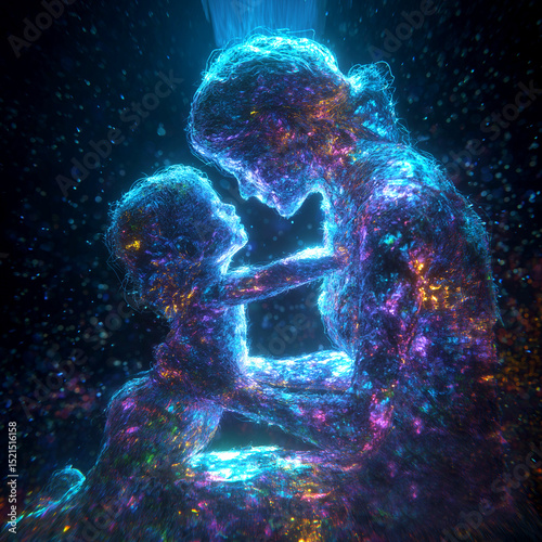 A stunning digital artwork depicting a glowing mother and child embracing in a cosmic, dreamlike space. Their figures radiate vibrant neon colors—blue, violet, and gold—formed by luminous threads and 