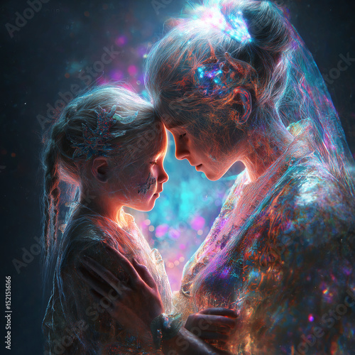 A stunning digital artwork depicting a glowing mother and child embracing in a cosmic, dreamlike space. Their figures radiate vibrant neon colors—blue, violet, and gold—formed by luminous threads and 