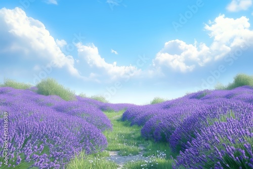 Serene lavender field with rows of purple flowers and a blue sky.