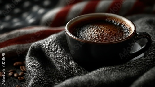 Warm cup of black coffee resting on a textured fabric with an American flag backdrop during a cozy morning