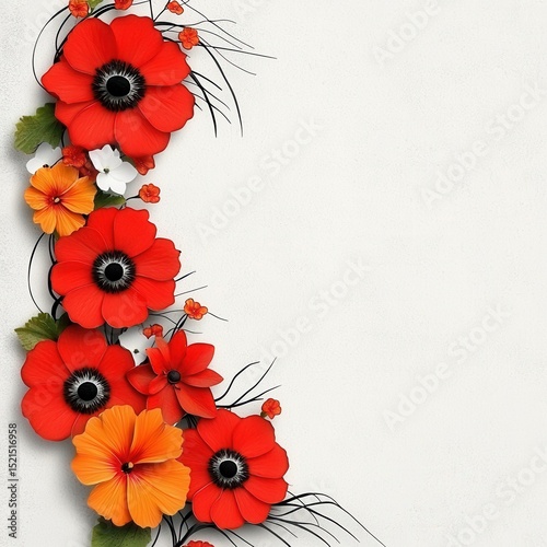 Vibrant Red and Orange Flower Border on Textured White Background