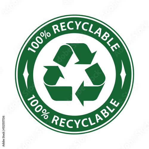 Green 100 Percent Recyclable Symbol Isolated on White Background Eco Friendly Packaging Label Sustainable Product Badge Environmental Conservation Logo