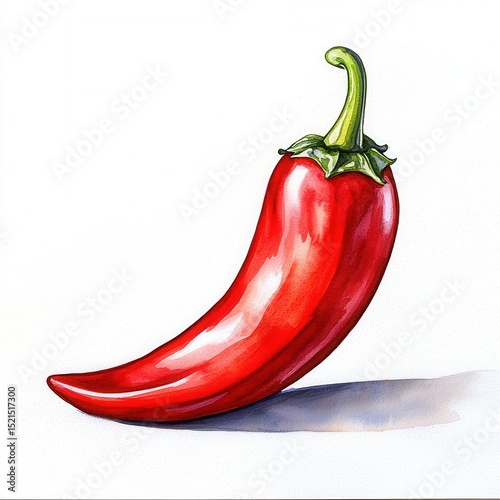 Vibrant Red Chili Pepper Watercolor Painting on White Background
