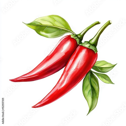 Vibrant Red Chili Peppers Watercolor Painting with Green Leaves