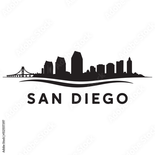 Vector San Diego skyline. Travel San Diego famous landmarks. Business and tourism concept for presentation, banner, web site. Vector black silhouette. with white background