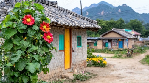 Vibrant Red Flowers Near Earthen Toned Korean Houses in Mountain Village