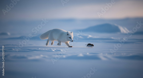Arctic Fox Pursuing a Lemming Across The Snowy Tundra Landscape In Winter