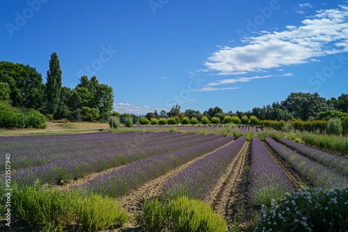 Serene lavender field with rows of purple flowers and a blue sky.