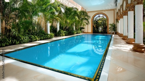 Tranquil Indoor Pool Surrounded by Lush Greenery in a Classic Setting