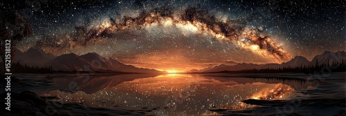 Milky Way arching over a tranquil lake at dusk with reflections and surrounding mountains