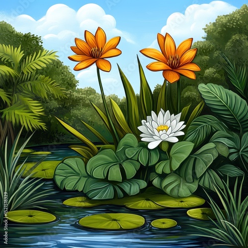 Tranquil River Scene with Vibrant Orange and White Water Lilies