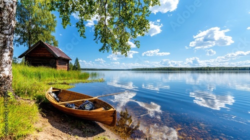 Tranquil Lake Scene Rustic Cabin and Wooden Rowboat on a Sunny Day