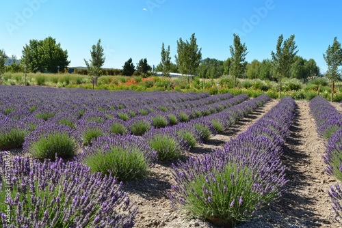 Serene lavender field with rows of purple flowers and a blue sky.