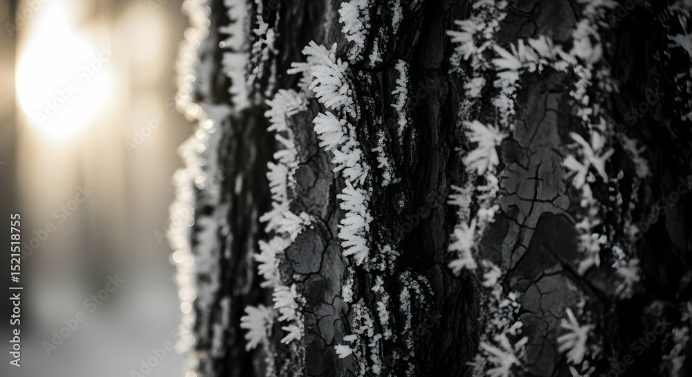 Obraz premium Icy Garments Bark With Twigs and Crystals on a Winter Forest