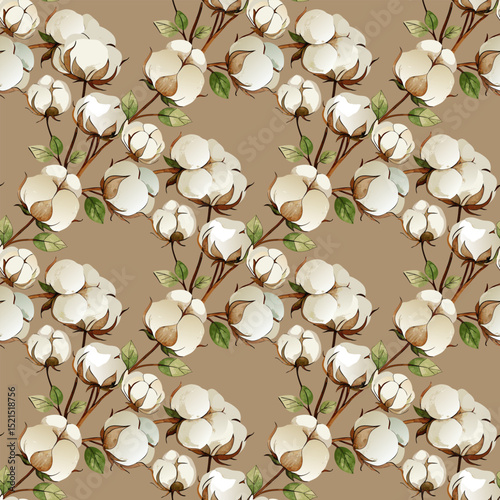 Beige Pastel Cotton Flower Vector Hand Painted Botanical Seamless Vector Pattern Background