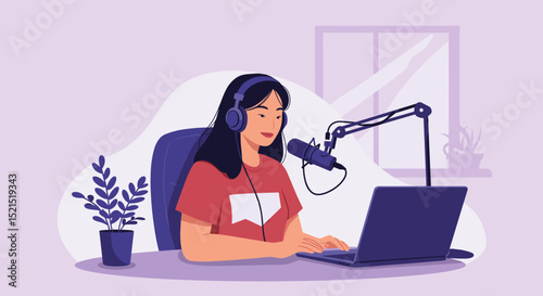 Young Asian woman podcasting with laptop and microphone in cozy workspace  