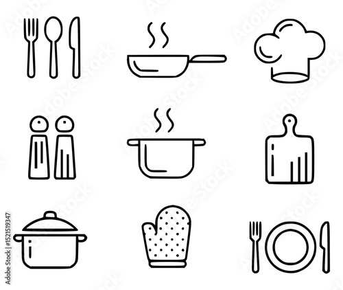 Minimalist cooking icons illustration set in black and white