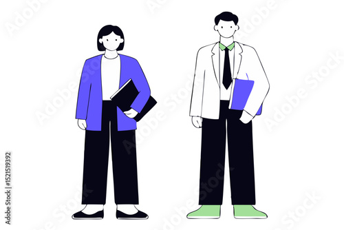 a minimalist illustration featuring two stylized figures, a man and a woman, standing side by side. Both figures have simple, cartoon-like facial features with no distinct details