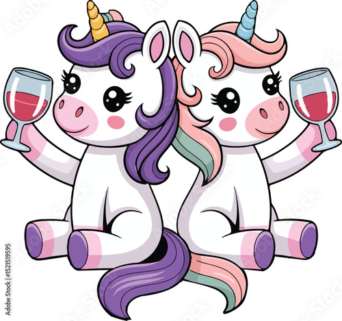 Adorable Unicorns Drinking Wine Fun and Colorful Illustration