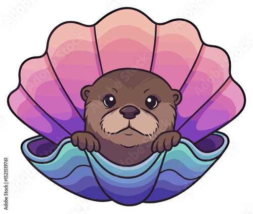 Otter peeking out from behind a large, stylized clam shell. Vector sticker design