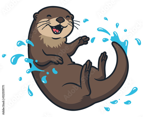 Otter doing a happy little dance, mid-spin, with water droplets flying playfully. Vector sticker design