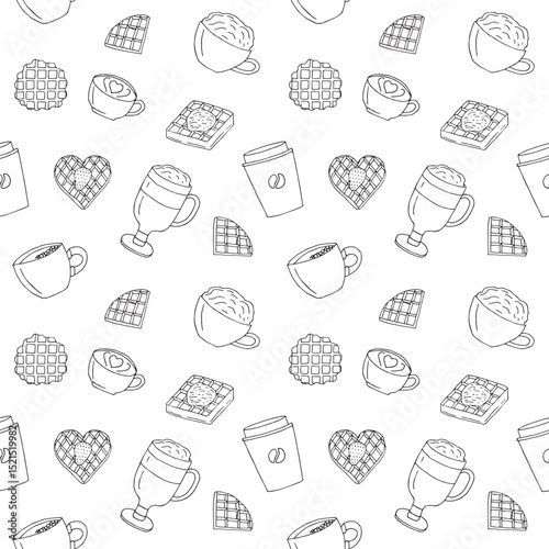 Waffles and coffee seamless pattern hand drawing, doodles, vector illustration