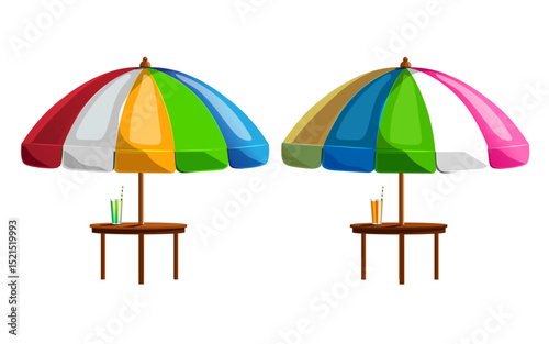 table with beach umbrella.fresh juice glass on the table.summer and travel concept clip art simple vector illustration design element.