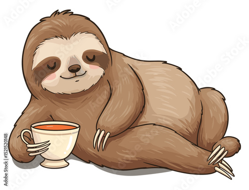 Sloth holding tea from a small teacup, looking relaxed and content. Vector sticker design