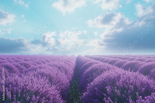 Serene lavender field with rows of purple flowers and a blue sky.