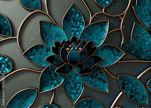 Golden Lotus Bloom | Luxury Abstract Floral Art with Turquoise & Gold Accents.Elegant Teal & Gold Lotus Flower Wall Art