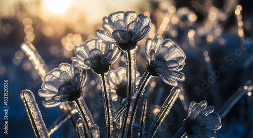 Frozen Blossoms: A Winter's Embrace with Radiant Sunlight Behind the Delicate Flowers