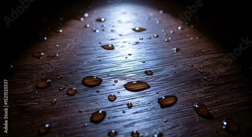 Water Droplets On Dark Wooden Surface Under Dramatic Lighting Effects