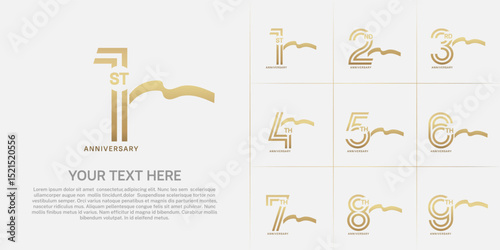 Anniversary logo type set with double line number. gold color with long ribbon for celebration event