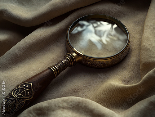 Antique magnifying glass with carved wooden handle on smooth beige linen. Soft natural light highlights glass curve and brass frame. Scholarly, warm earth tones. High-res stock photo.
