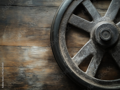 Close-up of aged recycled metal wheel from library book cart with patina, on smooth wooden surface, diffused daylight, raw eco-friendly design, cool gray and wood brown tones