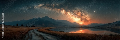 Majestic night sky over mountains and lake with the Milky Way shining brightly at dusk
